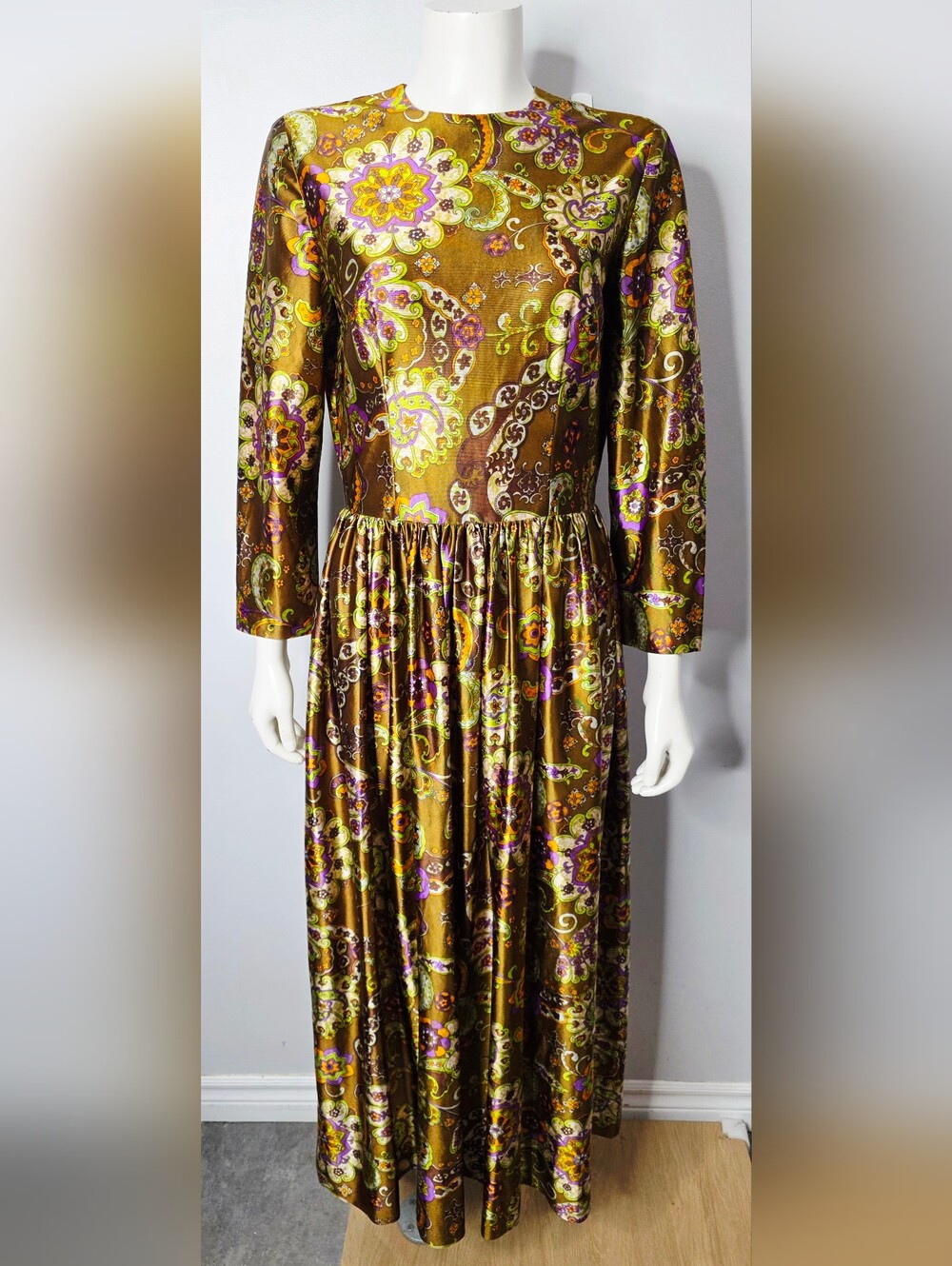 Vintage Metallic Bronze Floral and Paisley Maxi Dress
